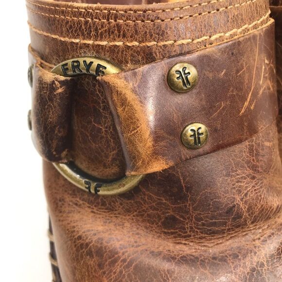 Frye Charlotte Brown Distressed Leather Metal Ring Whipstitch Slip On Heel Mules - Picture 13 of 15